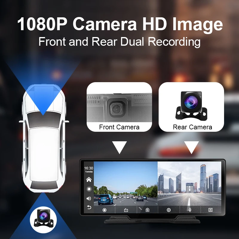 9 3 дюймов портативный беспроводной Carplay Android Auto 1080P DVR-Регистратор автомобильный радиоприемник мультимедийный плеер с передними задними камерами
