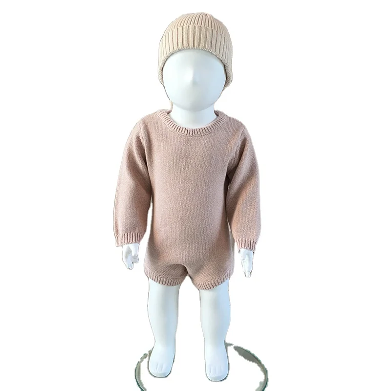 Square Fonda Plain Knitting  No MOQ Autumn Winter Warm Knitted baby kids Sweater romper.