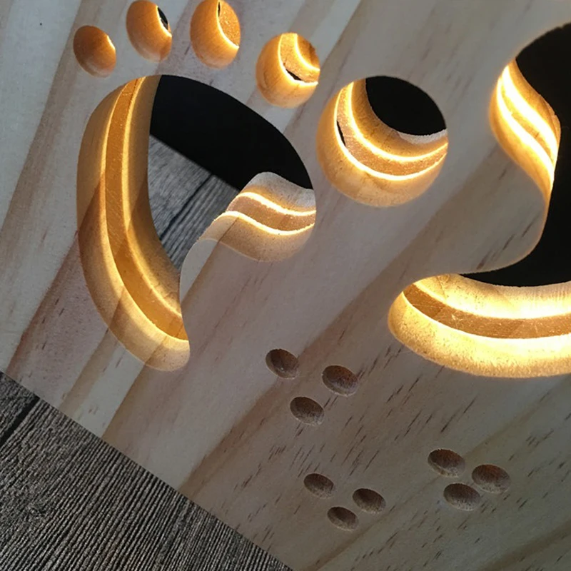 Creative Wood Lamp LED Night Light 3D Wood Carving Foot Sign Pattern USB Port Mood Lamp