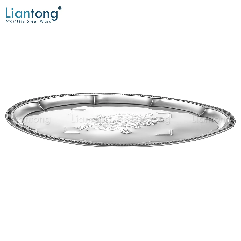 Liantong Cheap stainless steel 410 material buffet bbq baking oval shape meat plate food serving tray