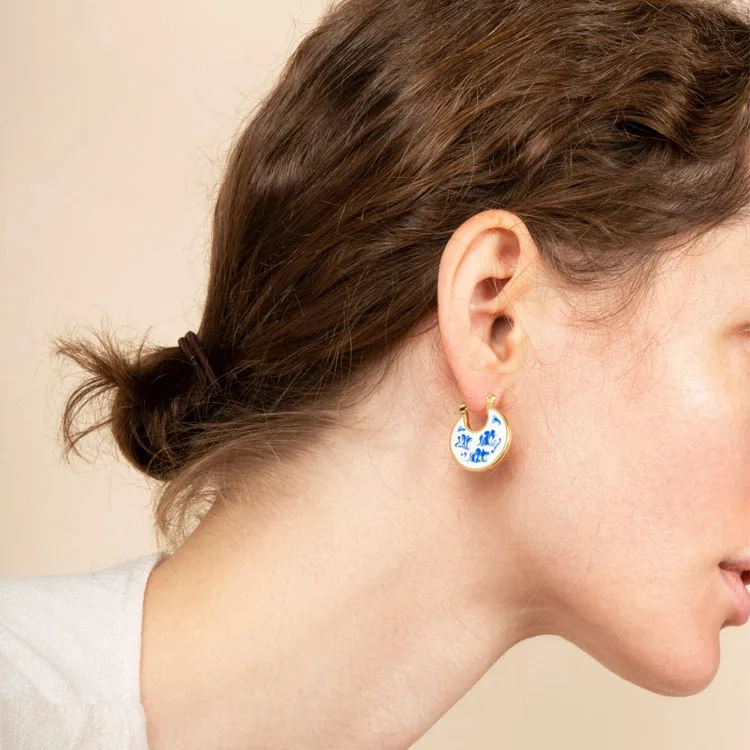 Vintage womens blue and white porcelain jewelry Ethnic Marble Blue Enamel Oil Drip Ceramic Huggie Hoop Earring