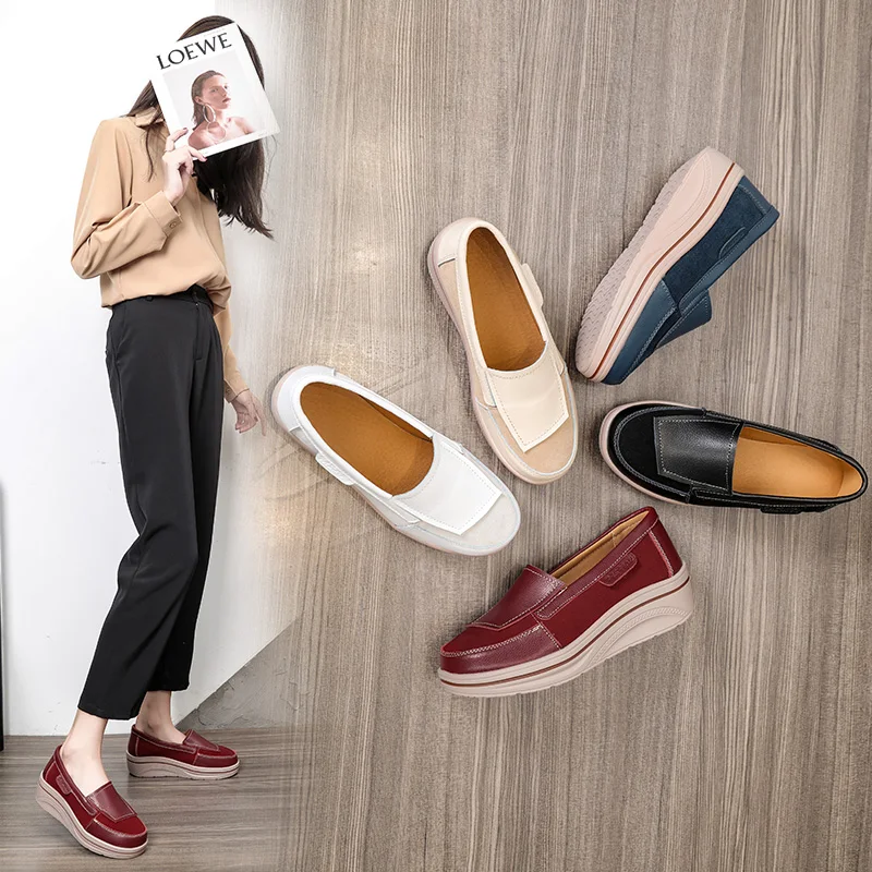 
2019 women Leather Casual Shoes hidden heel wedge sneakers non-slip height increasing loafers shoes for ladies 