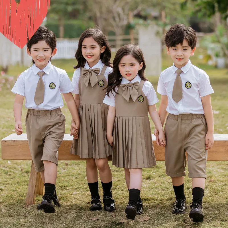 Summer Kids Boys Girls Primary School Uniforms 3Pcs International School Uniform Design with Tie