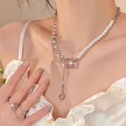 2022 Pink Love Heart Shape Stitching Pearl Necklace Clavicle Chain Pearl Crystal Choker Necklace For Women