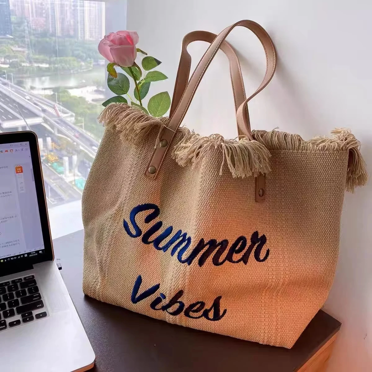 Large Capacity Embroidered Letter Canvas Tote Bag Tassel Women Canvas Shoulder Bag Summer Woven Beach Bag