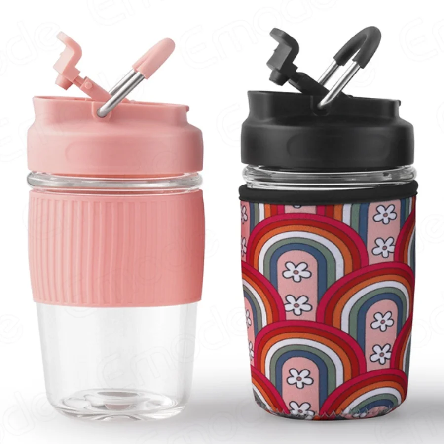 Emode 12oz Glass Cup with Lock Handle Lid Nonslip Sleeve Reusable Drinking Glass Thick Insulated Glass Cup,Smoothie Tumbler