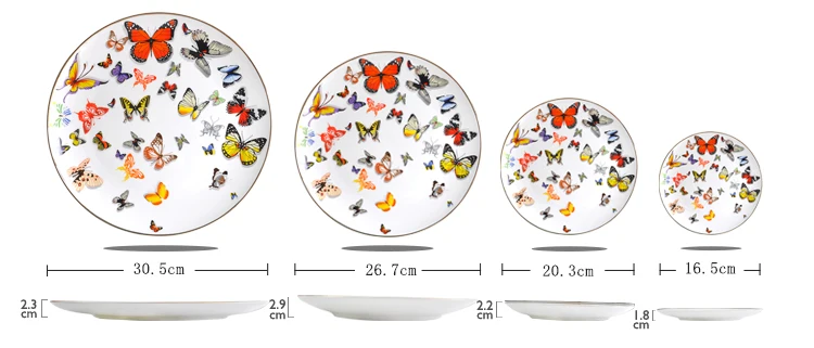 Colored dinner plate butterfly bone china dinnerware gold ceramic charger plates for wedding