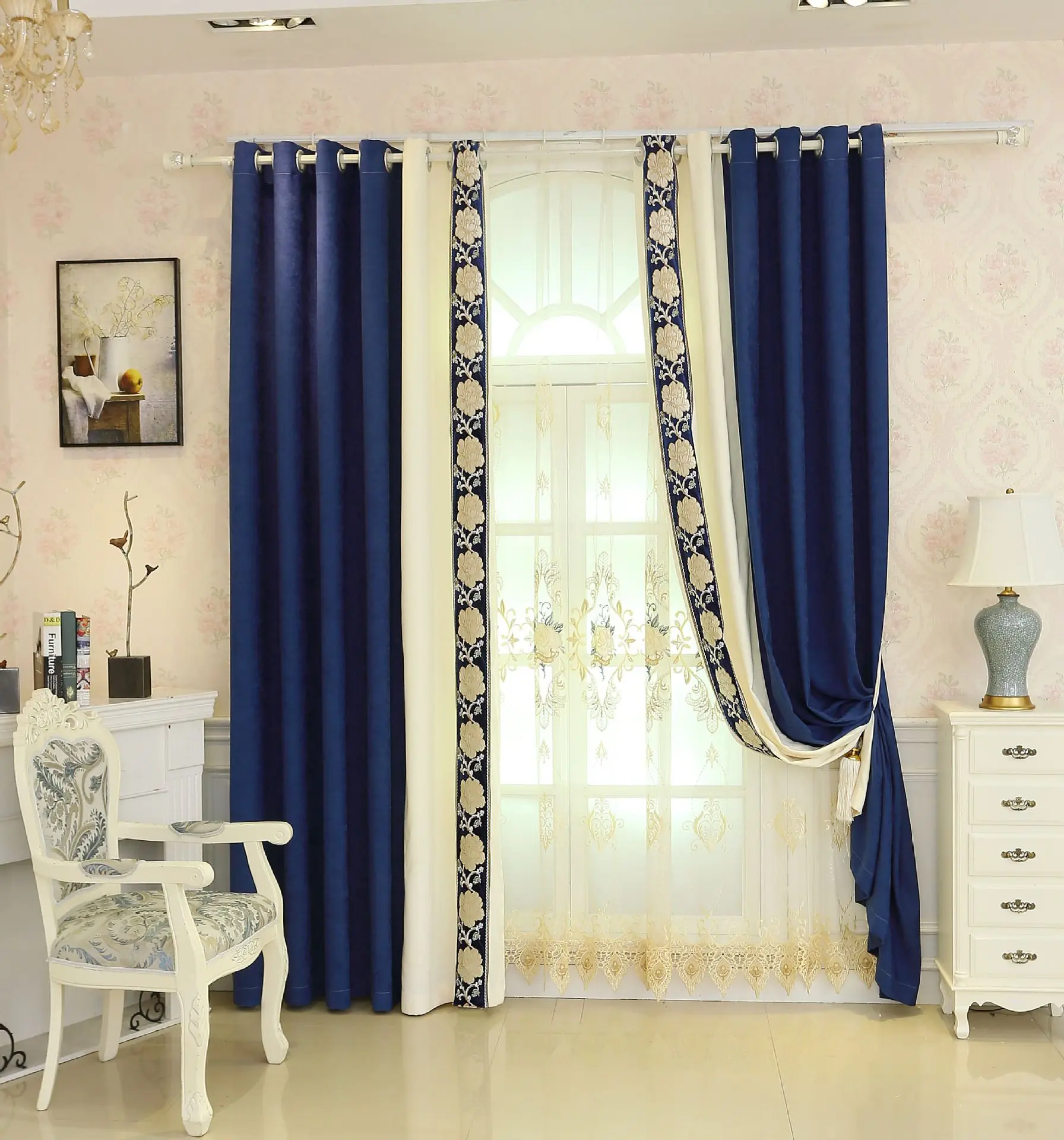 Cross-border living room bedroom solid color stitching elegant high-end luxury curtain floor blackout curtain