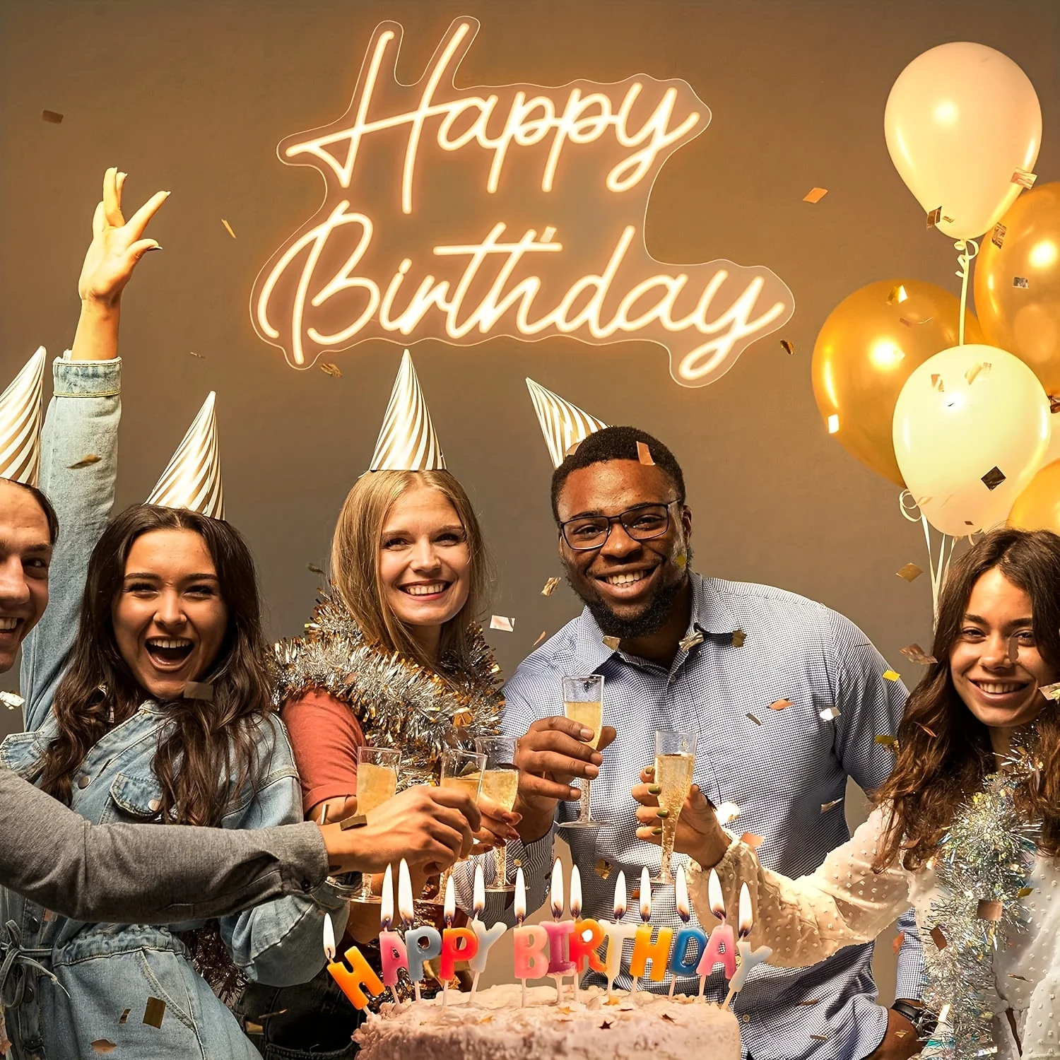 All-in-One Happy Birthday LED Illuminated Sign Warm White Neon Light for Home Bedroom Dorm or Party