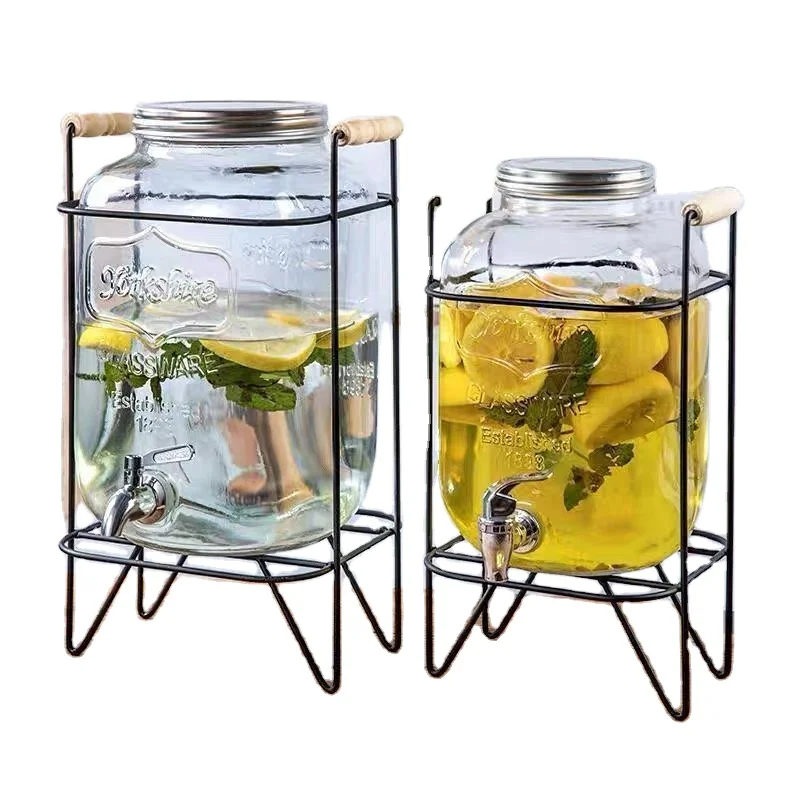 wholesale food grade clear glass beverage dispenser and glass mason jar with metal stand and tap