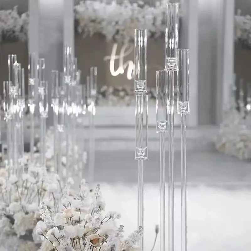 Customizable 9-Arm Acrylic Candelabra Wedding Candlestick Holder and Flower Stand Metal Centerpiece with Clear Candle Holder