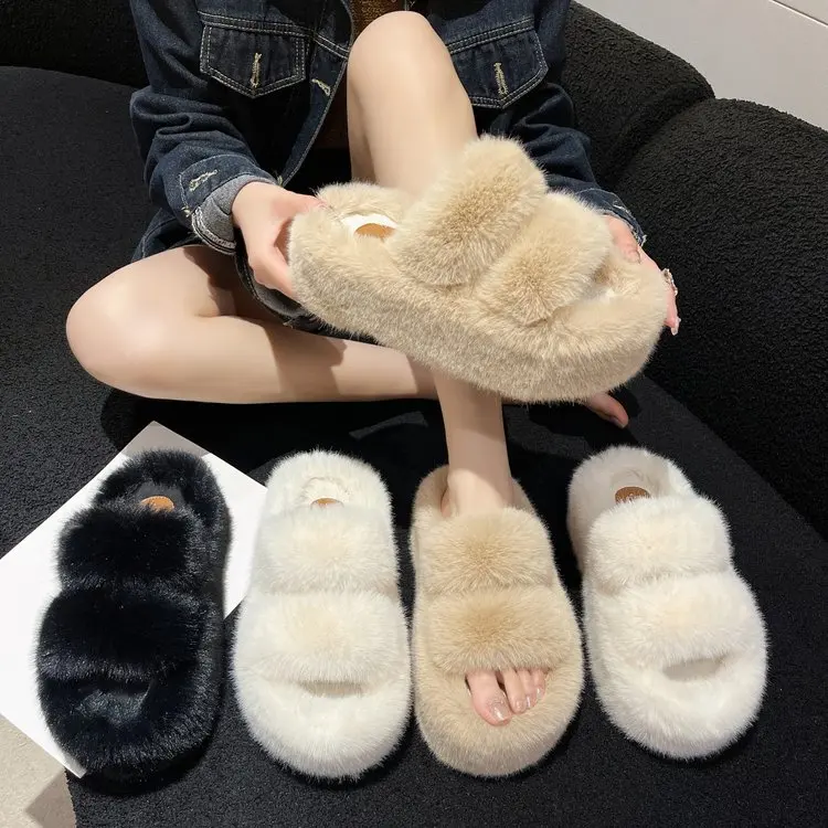 Ins Indoor Stuffed Animal Fluffy Furry Fur Fashion Teddie Adult Slides Plush Teddy Bear Slippers For Men Women Female Lady Clogs