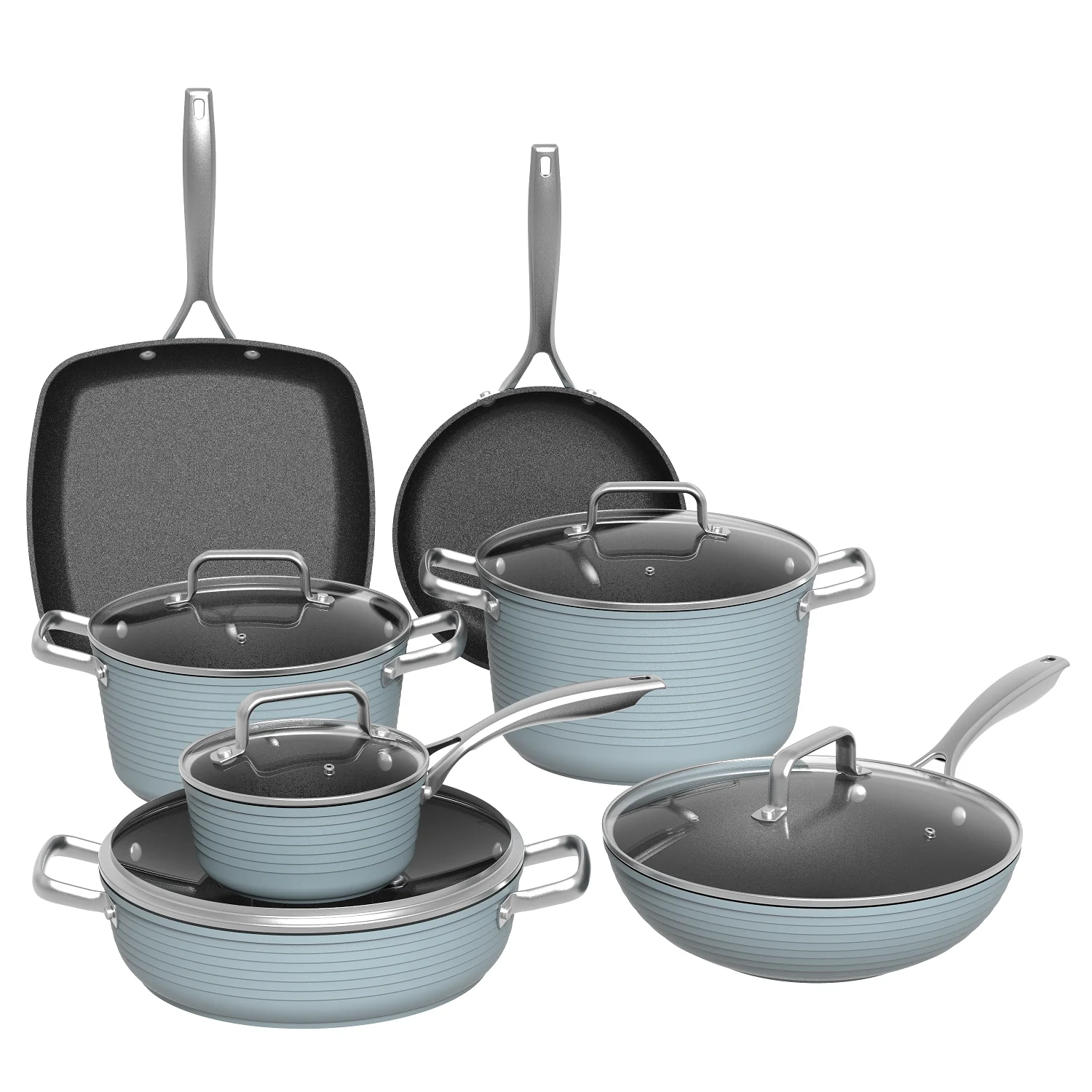 BESCO OEM Line style series Aluminium Alloy light blue nonstick forged aluminum cookware set Interior Xylan plus