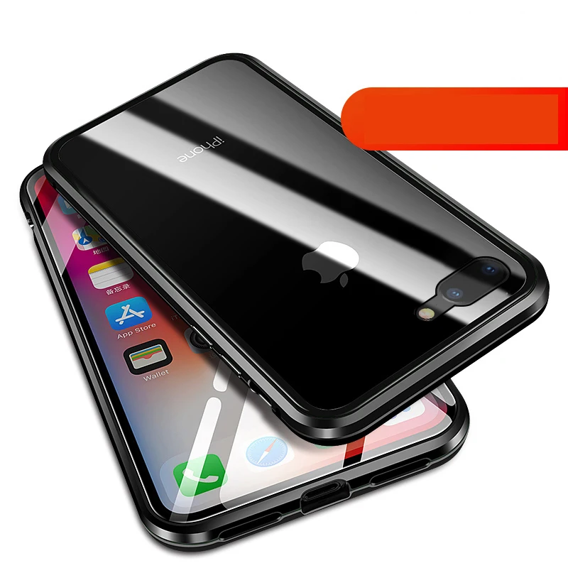 Magnetic Adsorption Case for iPhone 6 Plus Metal Frame Front and Back Tempered Glass Flip Cover Full Body Protective Case