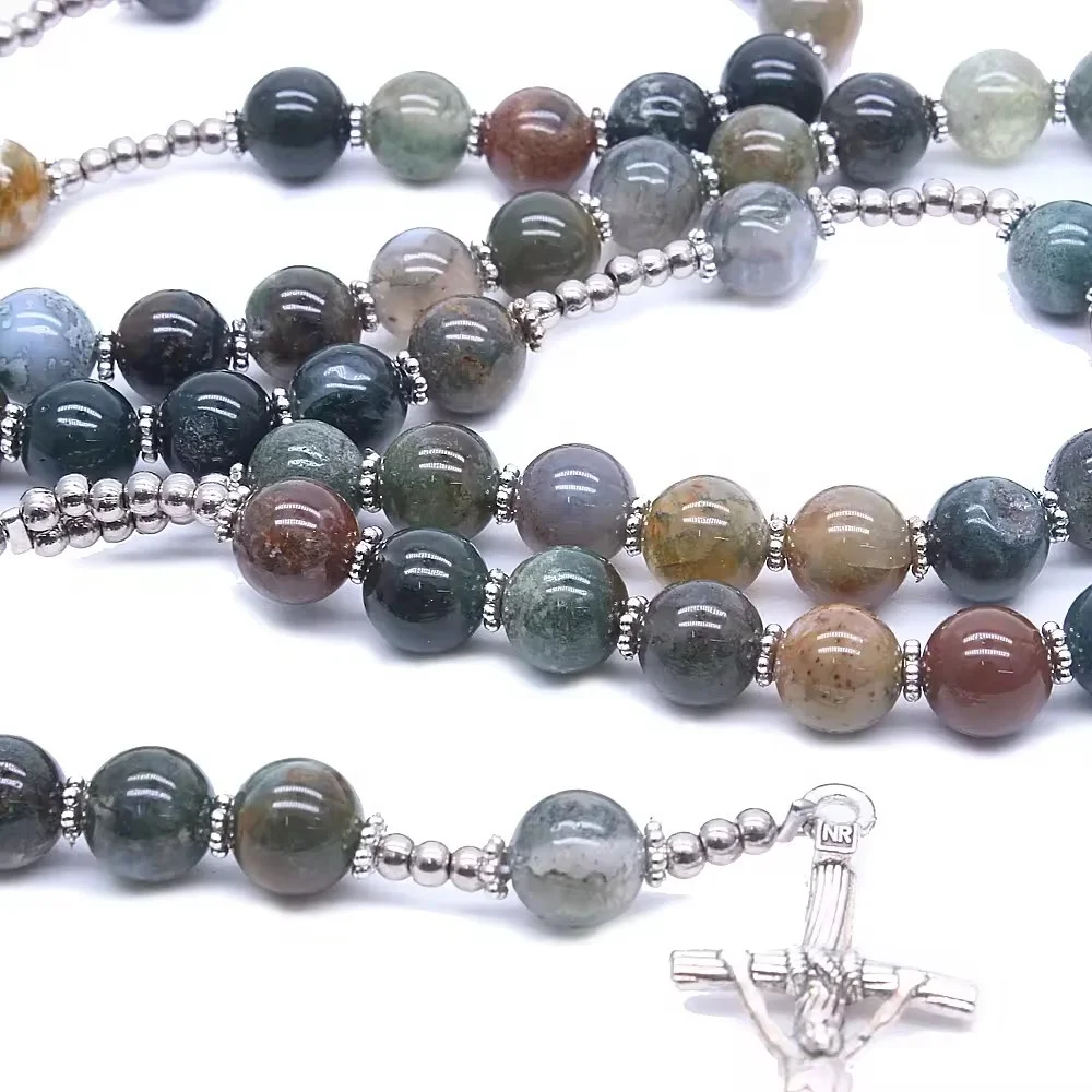 8MM Jade Beads Rosary Cross Necklace India Agate Stone Cross Necklace Religious Catholic Christian Prayer Bead NECKLACE