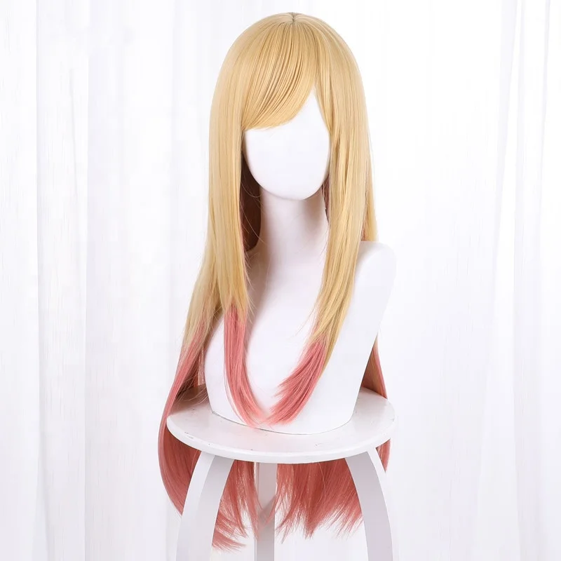 Wholesale My Dress Up Darling Anime Peluca 80cm Long Straight Blonde Pink Mixed Kitagawa Marin Wig Cosplay Synthetic Hair Wig