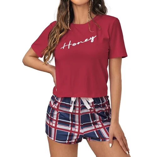 Summer two piece set plaid loungewear letter pajamas for women sleepwear pants