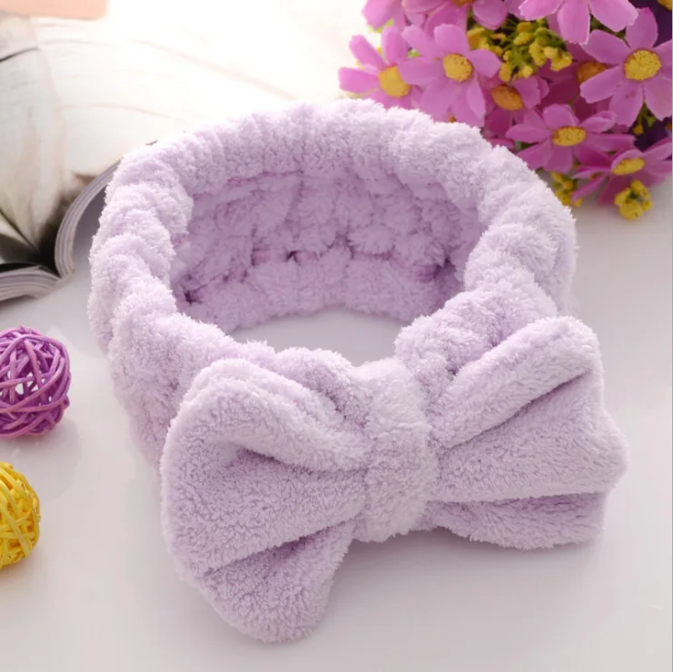 Soft Solid Color Face Makeup Hair Bands for Washing Face Shower Fluffy Coral Fleece Women Bow Facial Spa Headband
