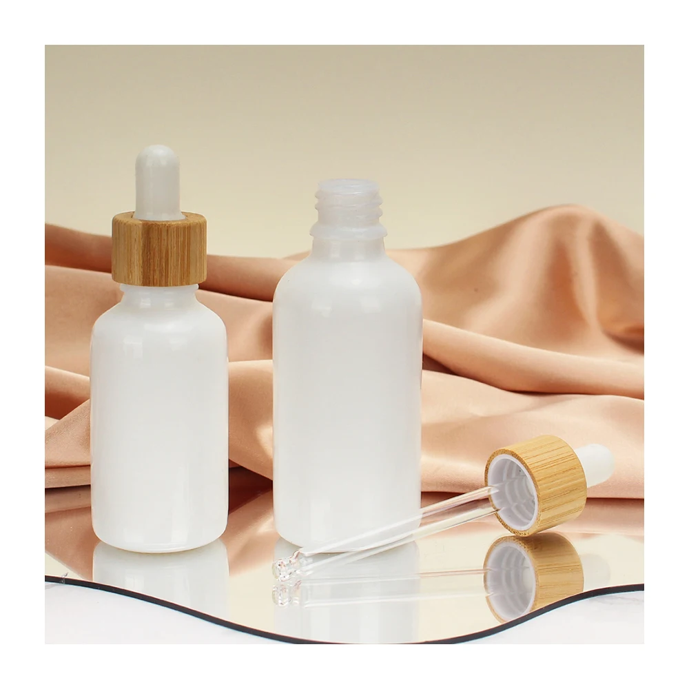 30ml 50ml 100ml White Glass Essential Oil Dropper Bottles White porcelain Empty Cosmetic Packaging Vials Bamboo Wood Lid