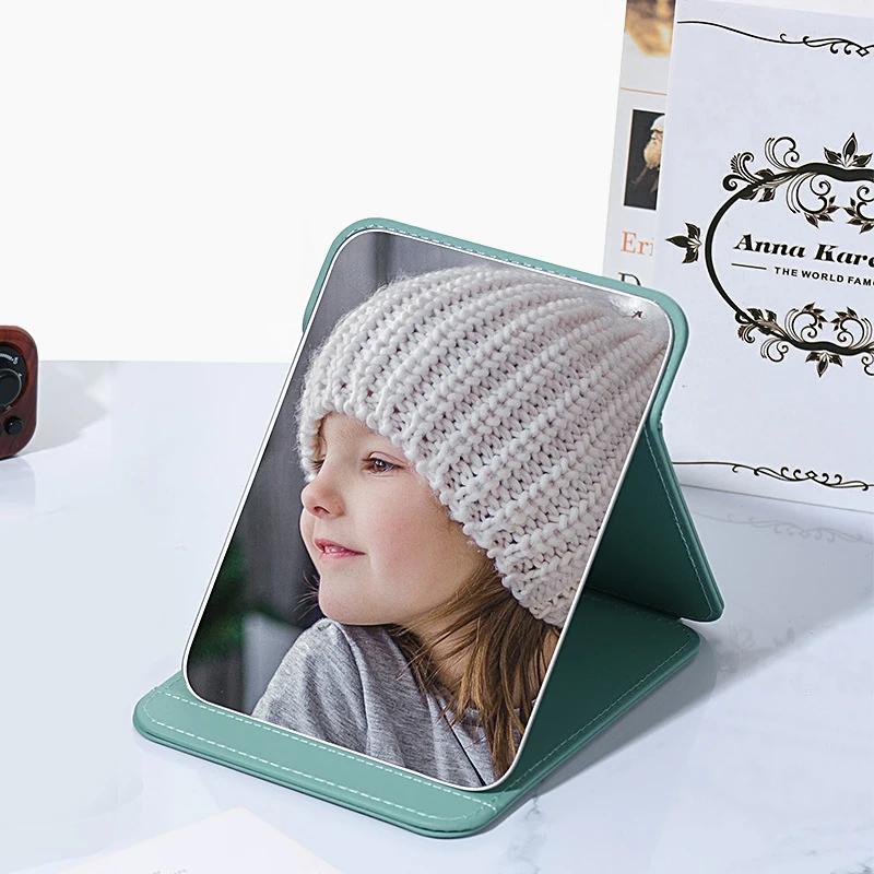 Portable Folding Large Makeup Mirror Pink PU Leather Vanity Mirror With Stand For Desk Table