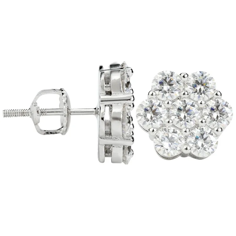 DE Cluster Flower S925 VVS Moissanite Earrings Men Hiphop 925 Sterling Silver Moissanite Stud Earrings with GRA Certificate