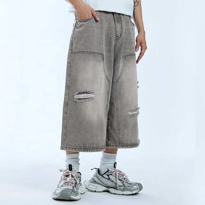 INFLATION Ripped Seven Denim Shorts Jean Men Double Knee Streetwear Manufacturer Hip Pop Jean Shorts