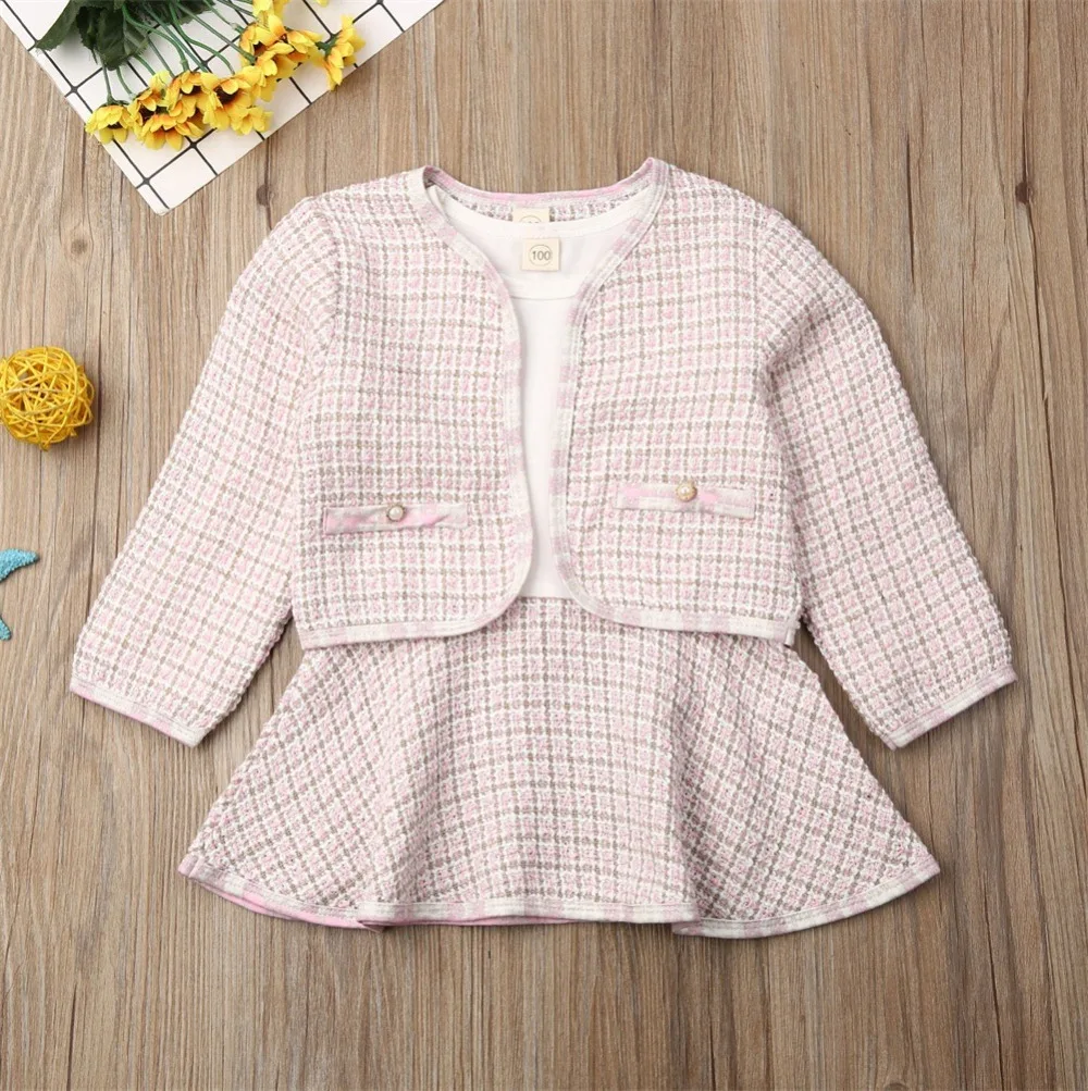 Baby Boutique Clothes Sets Children Plaid Tweed Coat and Dress Girls Sweet Clothing Outfits Wholesale Kids Clothes