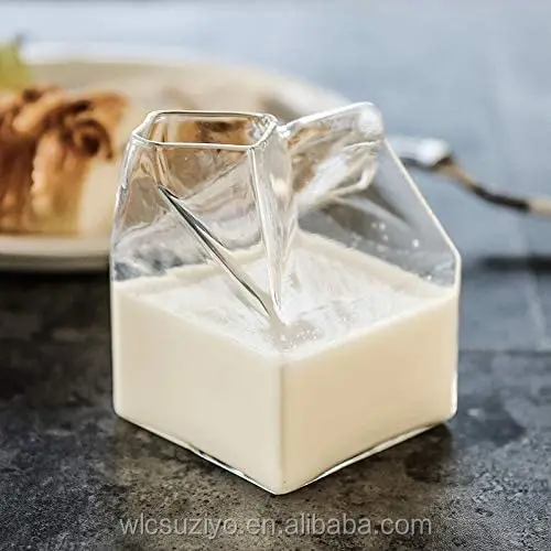 Elegant Design Box Shape 350ml Orange Juice Glass Mini Creamer Borosilicate Milk Glass Cup