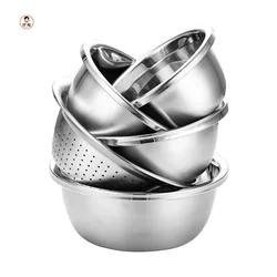 Kitchen Household Five-Piece Bowls Set Stainless Steel Seasoning Basin Set Vegetables Rice Washing Basin With Filter