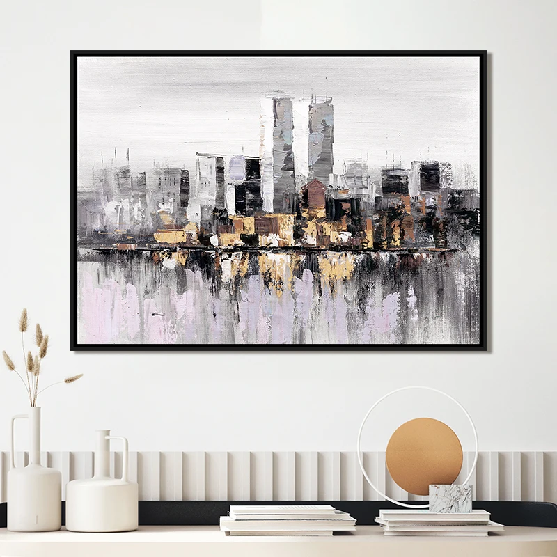 Popular Canvas Art Industrial Style City Design Black and White With Gold Leaf Wall Deco Painting With Frame