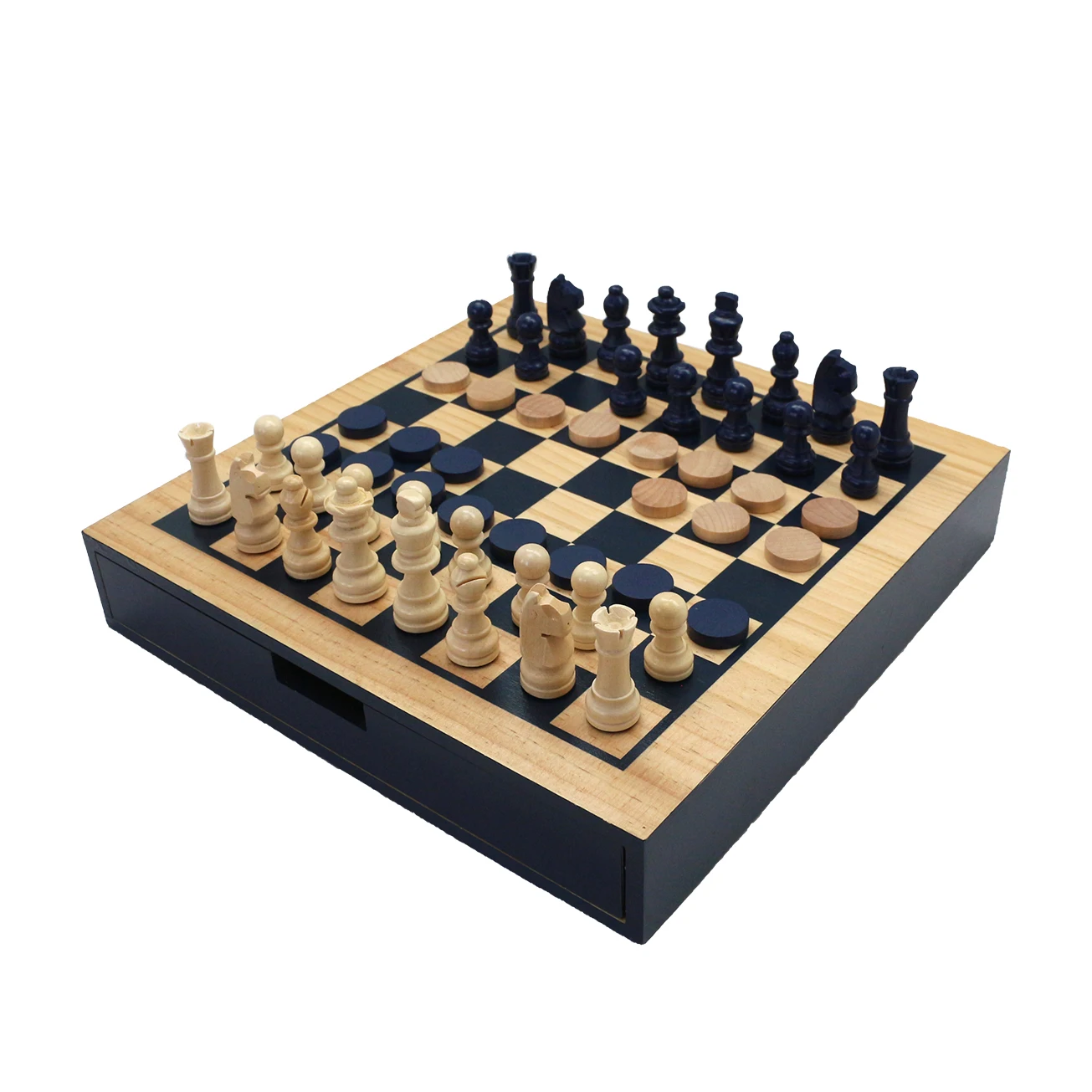 12-Inch Wooden Chess & Checkers Set with Storage Drawer, Portable Board Games for Kids and Adults