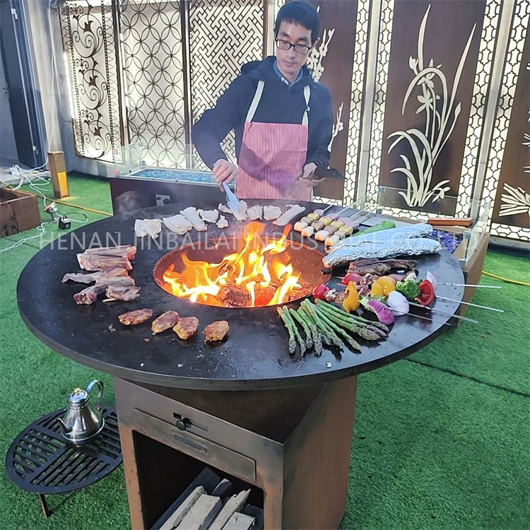 Corten Steel outdoor wood charcoal bbq table korean bbq grill restaurant kitchen fire pit garden grills
