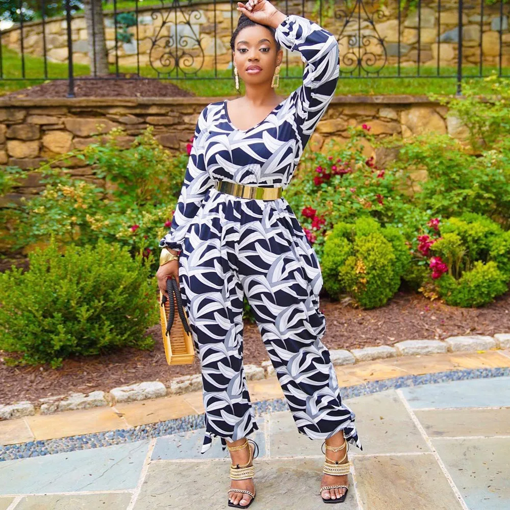 fall 2021 women clothes Long-sleeved Geometric pattern printing casual loose wide-leg one piece jumpsuits women