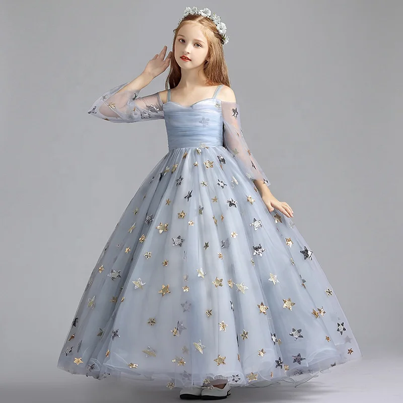 Light Grey Flower Girl Dresses High Quality  Long Sleeve Party Flower Girl Dresses for Wedding