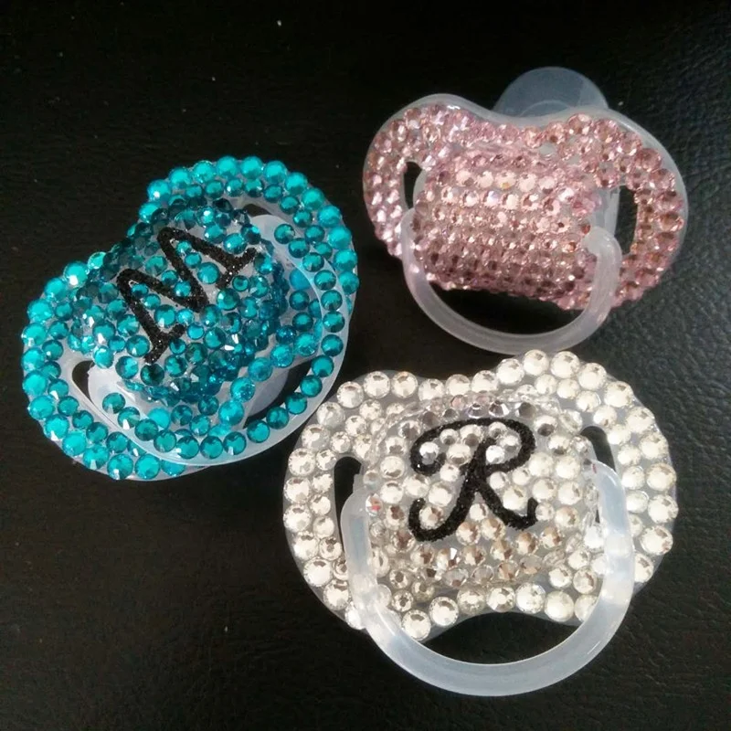 Wholesale Custom Letter Binky Diamond Baby Pacifier Beaded Silicon Baby Sleep Soother for Newborn Shower Gift