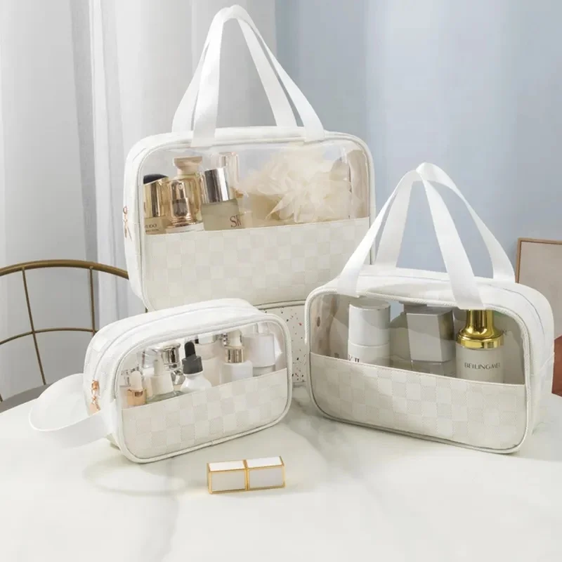 Custom Travel Square PU Cosmetic Bag Clear PVC Storage Wash Organizer Toiletry Bag  Makeup Bag With Handle