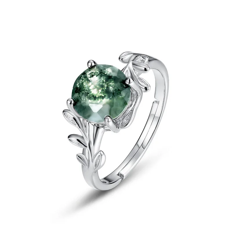 Fashion Jewelry Flowers Finger White Sterling Silver 925 Women Green Natural Moss Agate Middle Rings