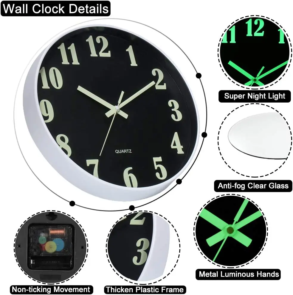 12 inch Modern plastic luminous Wall Clock Fluorescence Silent Custom Quartz Clock Battery Powered Decorative Wall Clock for Off