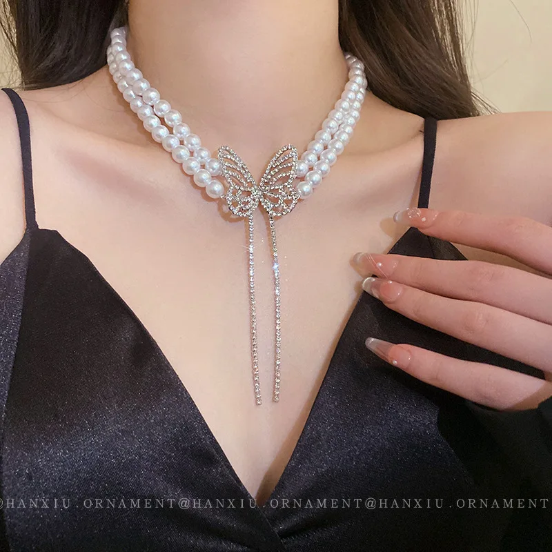 N930 Fashion Butterfly Necklace Women Multi Layer Pearls Necklace