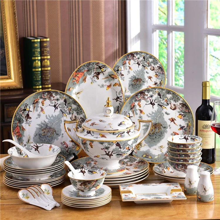 Western ceramic 58pcs Cookware Equator Jungle Series Tableware Set Bone China Bowls and Plates Porcelain Dinner set