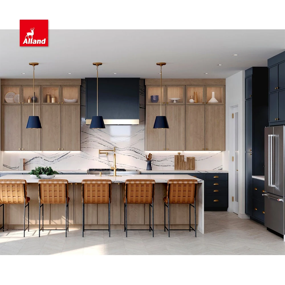 Custom Stained Paint Slim Shaker Narrow Skinny Shaker Kitchen Cabinet Design with Fluted Range Hood Waterfall Countertop Island