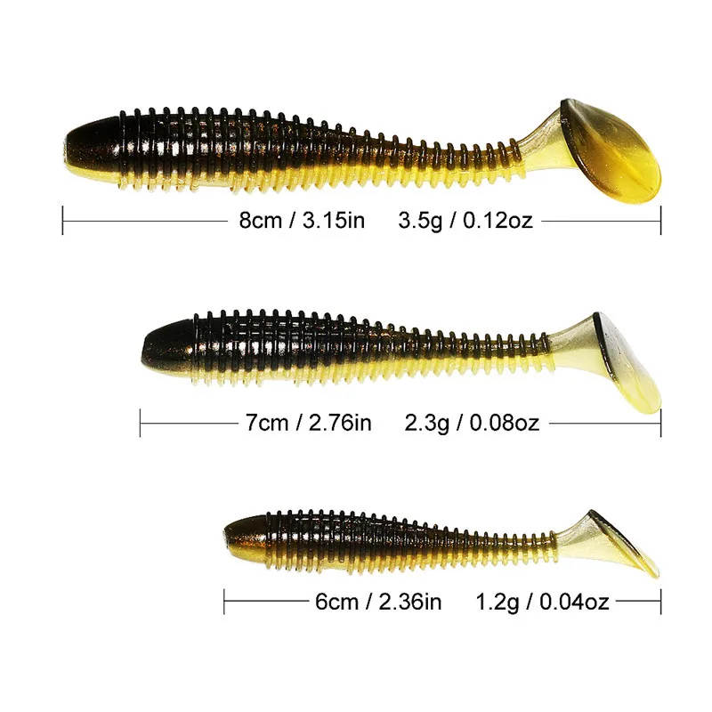 Topline High Quality PVC Artificial Fishing Lure Wholesale 6/7/8cm Screw T-Tail Dual Color Flash Swim Baits River Lake Fishing