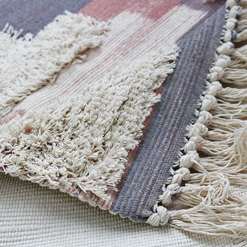 Boho Machine Washable Cotton Woven Tufted Area Rug with Tassels Moroccan Printed Bath Rug Indoor Doormats Entryway Rug