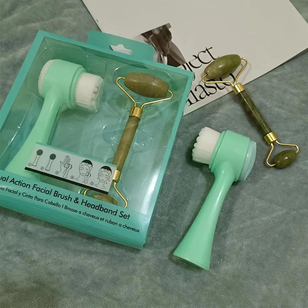 Factory Supply natural jade roller massage roller wholesale face roller brush set rouleau de jade with face brush