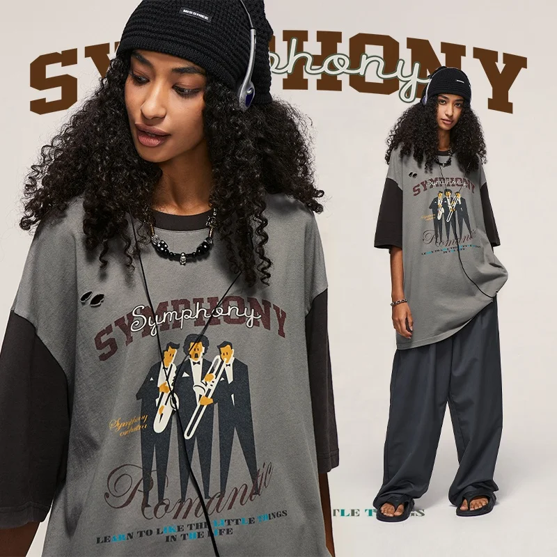 INFLATION 220G Raglan Sleeve Screen Printed T shirt Men Vintage Patchwork Tee Oversize T-shirt