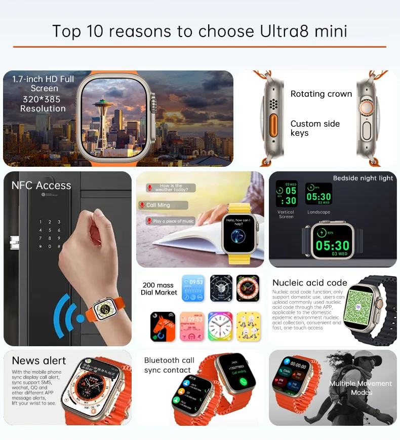 2022 New ultre 8 mini Smartwatch Factory Wholesale ultre8 1.99 Inch Hd Smartwatch Nfc Offline Payment S8 Series Smartwatch