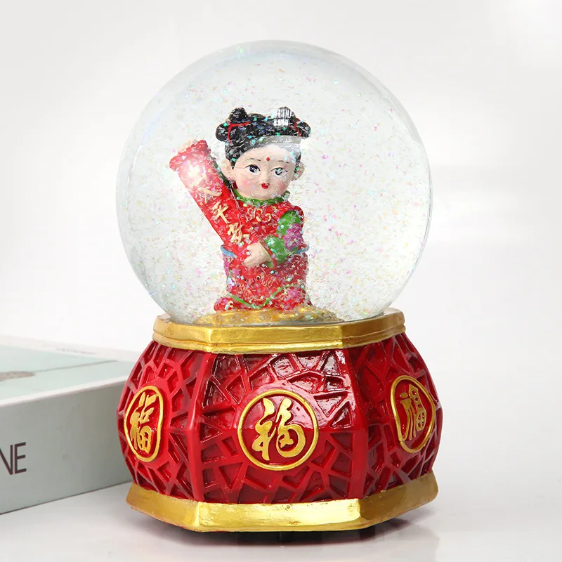 Chinese Traditional God of Wealth Golden Boys Jade Maidens Crystal Glass Snow Globe with LED Light and Music for New Year Gifts