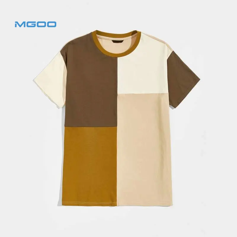 
Men Letter Graphic Colorblock Tee Khaki Brown off-white short sleeve T-shirt Binding at neck 