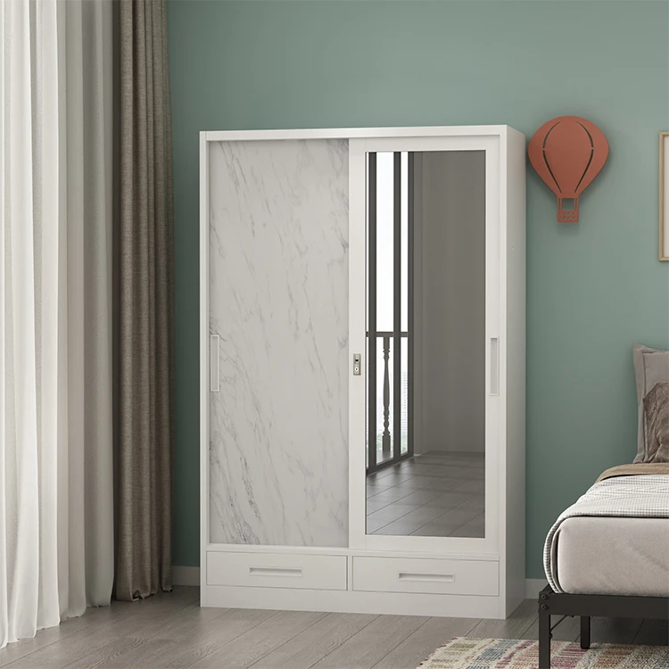 Metal Painting Wardrobe Cabinet sliding doors fireproof locker with mirror iron storage wardrobe cabinet bedroom furniture