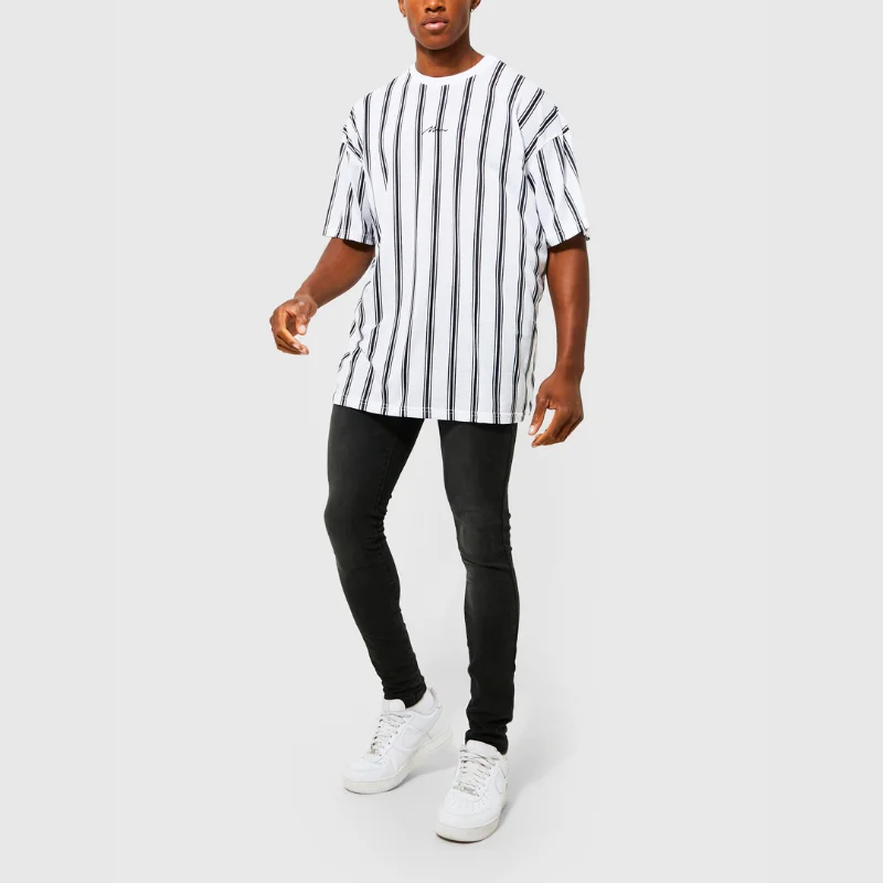 Top Quality Men 100% Cotton Oversized Striped T Shirt Custom Logo Big and Tall T Shirts Dropped Shoulder Tee Shirt